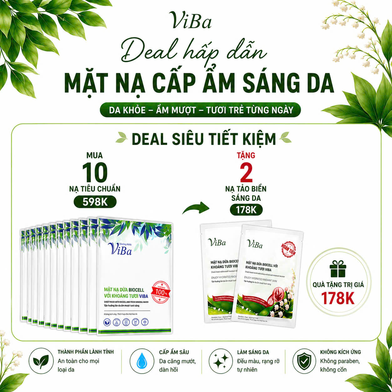 Combo mặt nạ Viba (10 nạ tặng 2 nạ tảo biển)