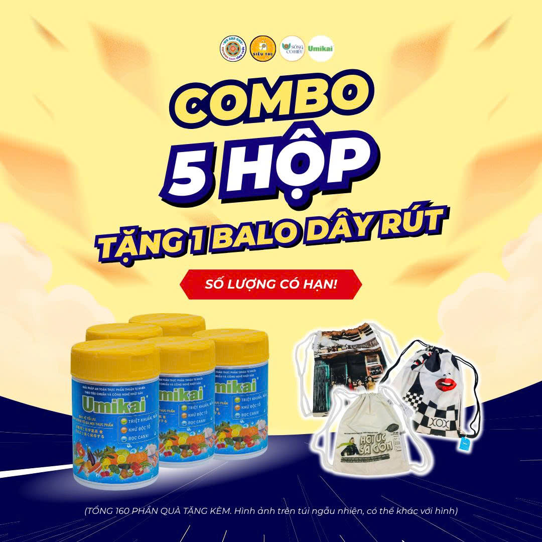 Combo bột ngâm rửa rau củ quả thịt cá UMIKAI (hũ 100g, 5 hộp + balo dây rút)