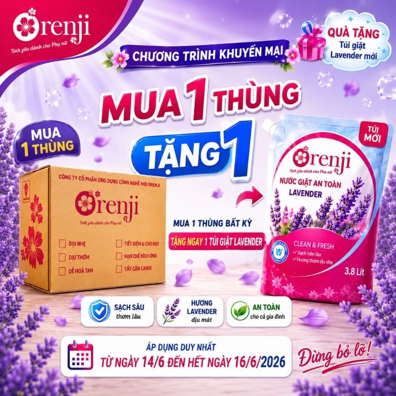 ORENJI - Combo nước giặt hương Lavender (1 thùng 6 túi tặng 1 túi 3.8 lít)